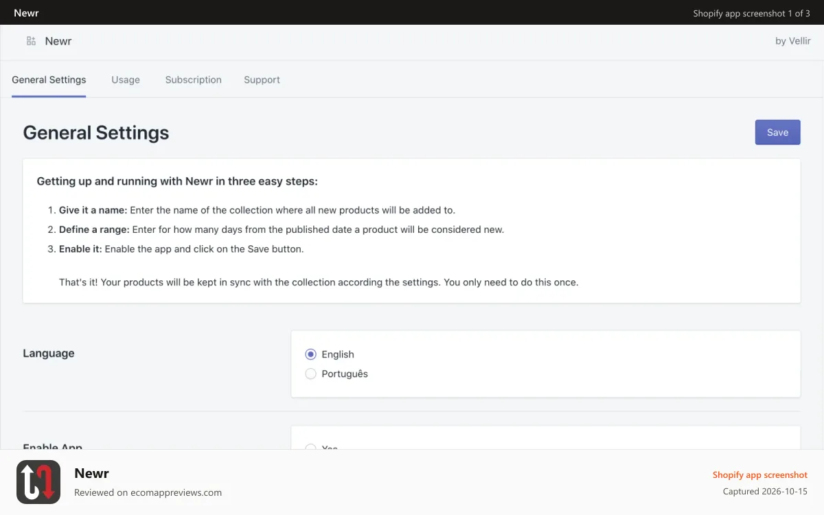 Newr Shopify app screenshot: General settings view