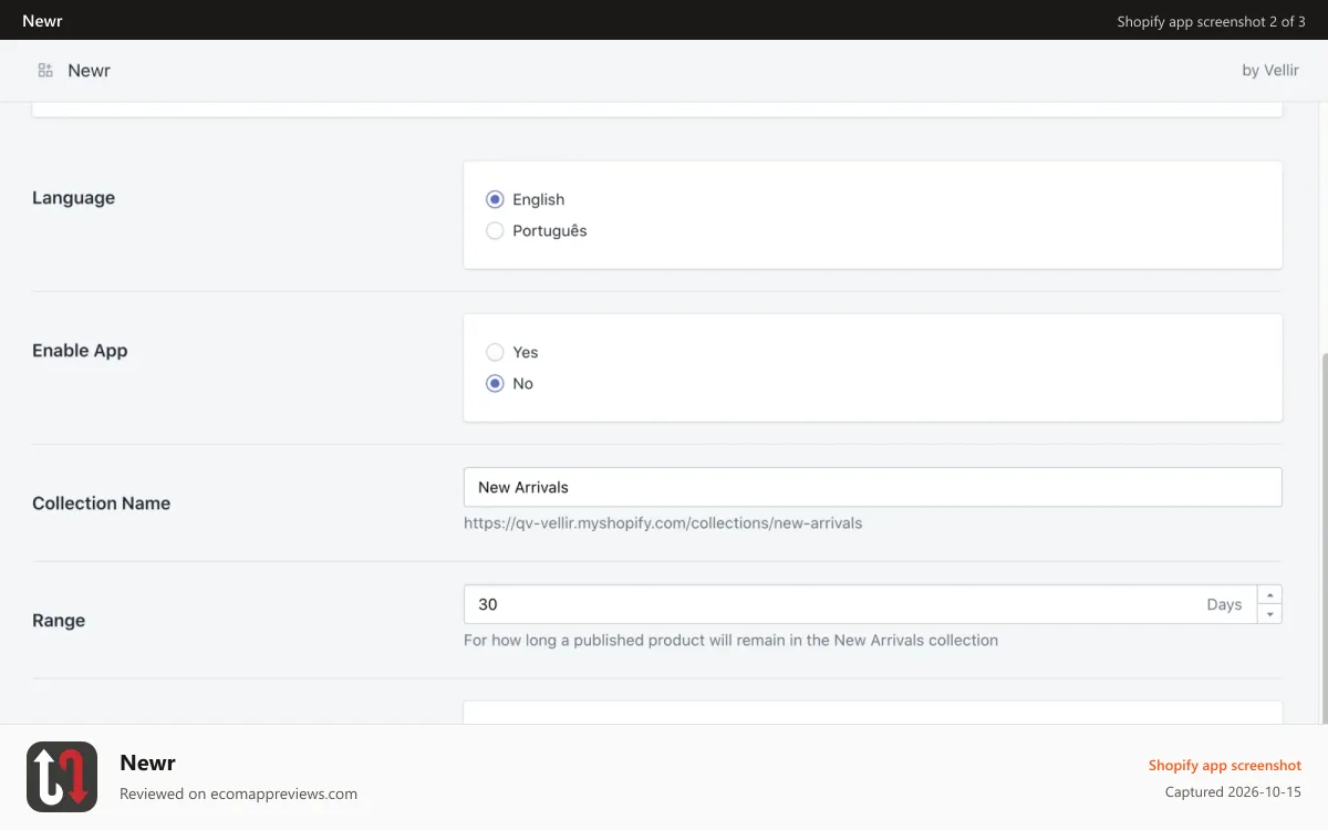 Newr Shopify app screenshot: General settings view pt 2
