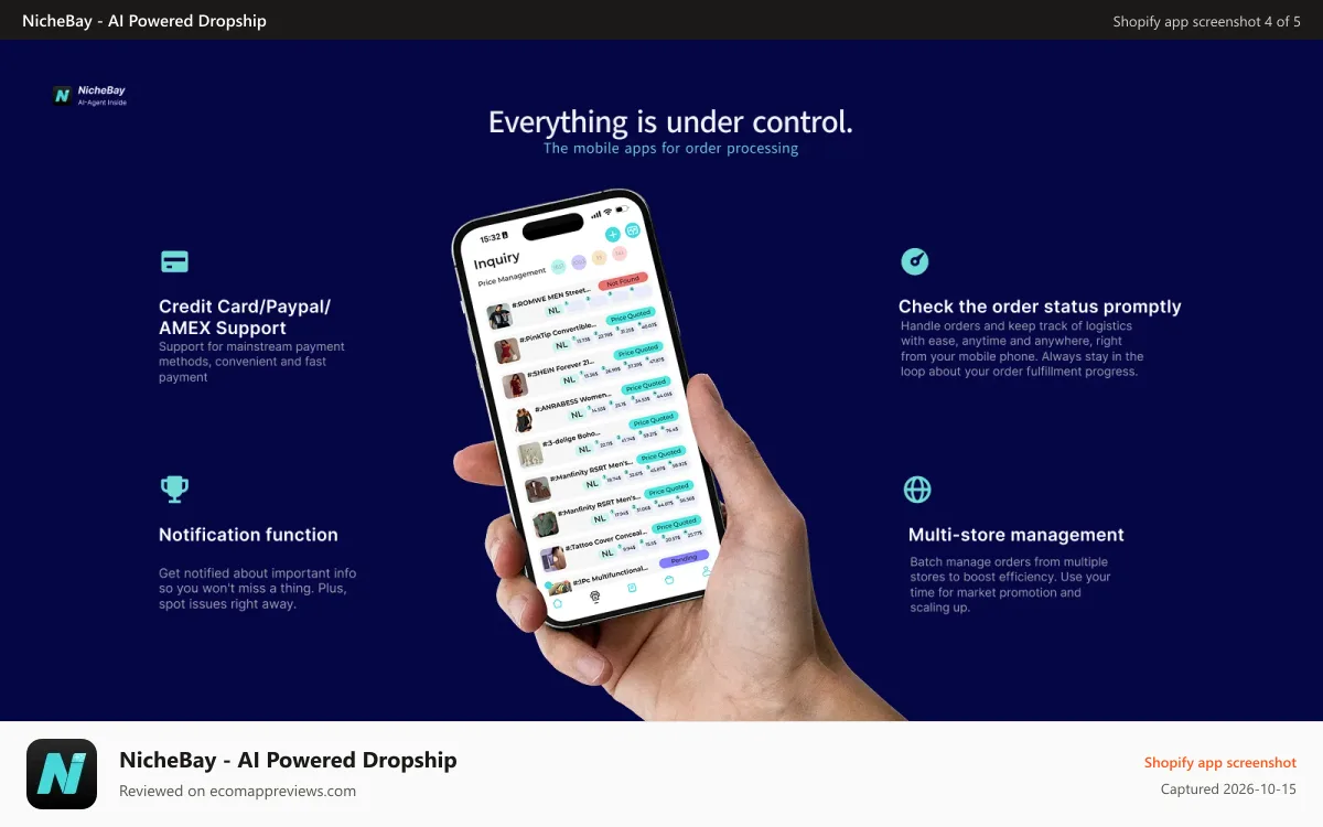 NicheBay ‑ AI Powered Dropship Shopify app screenshot: Everything is under control