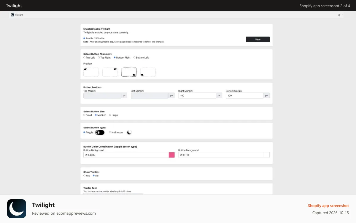 Twilight Shopify app screenshot: Settings page