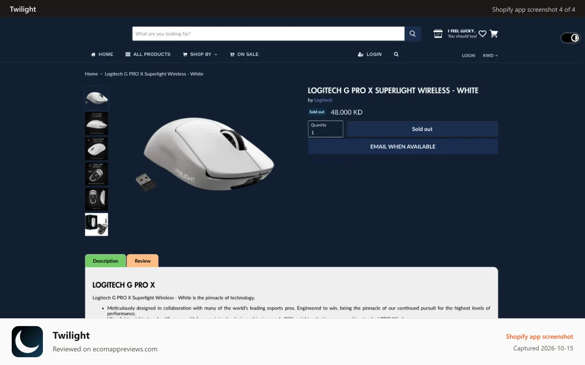 Twilight Shopify app screenshot: With night mode