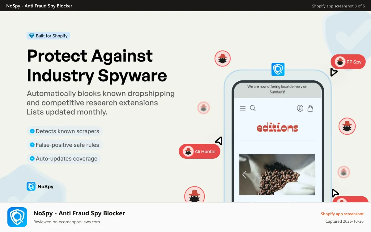 NoSpy ‑ Anti Fraud Spy Blocker Shopify app screenshot: Block Spy Extensions - Automatically block scrapers