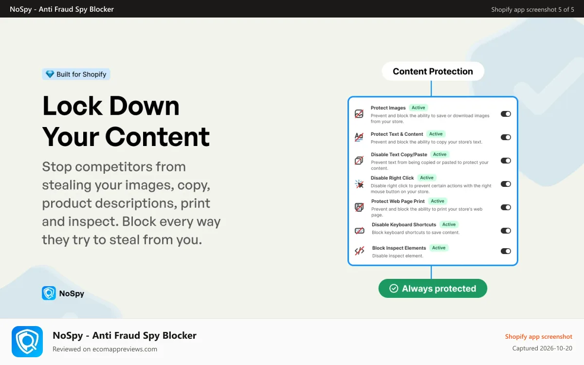 NoSpy ‑ Anti Fraud Spy Blocker Shopify app screenshot: Protect Content - Protect yourself from stealing