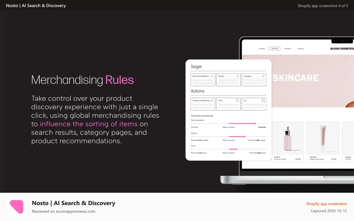 Nosto | AI Search & Discovery Shopify app screenshot: Merchandising Rules