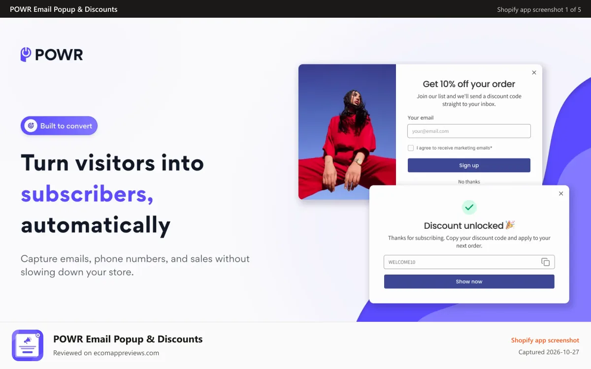 POWR Email Popup & Discounts Shopify app screenshot: Popup automatically prompts site visitors to subscribe by email