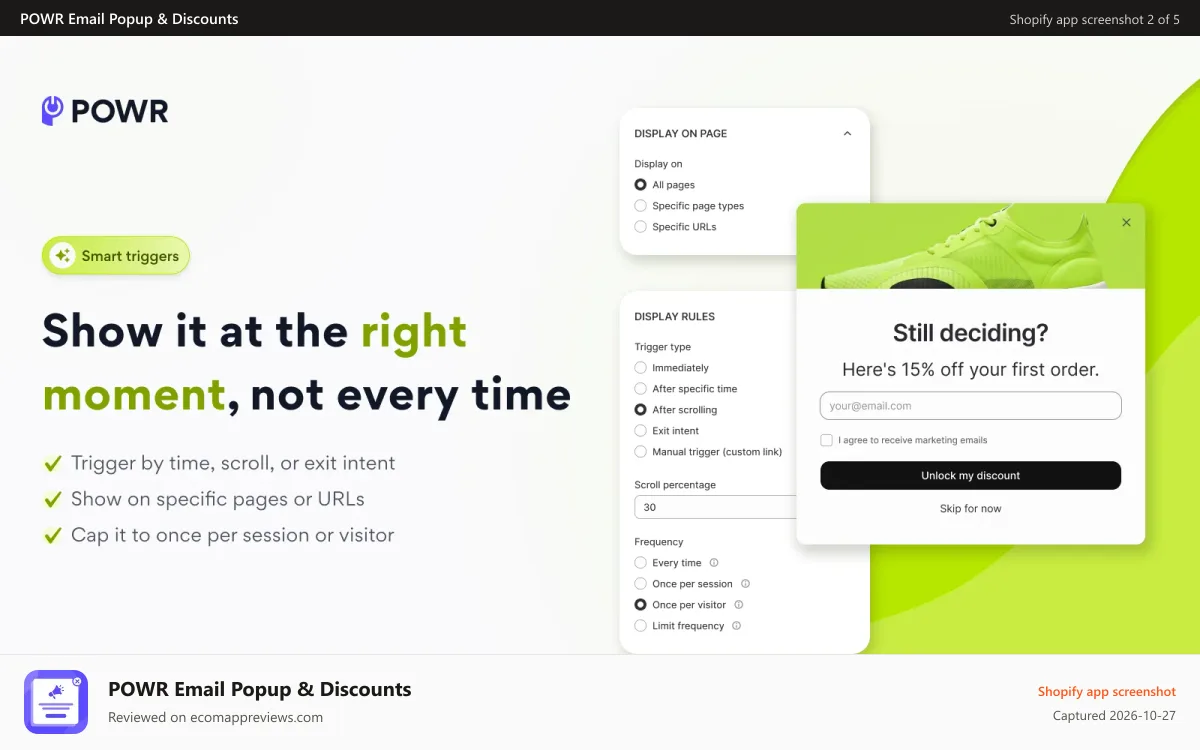 POWR Email Popup & Discounts Shopify app screenshot: Show it at the right moment, not every time.