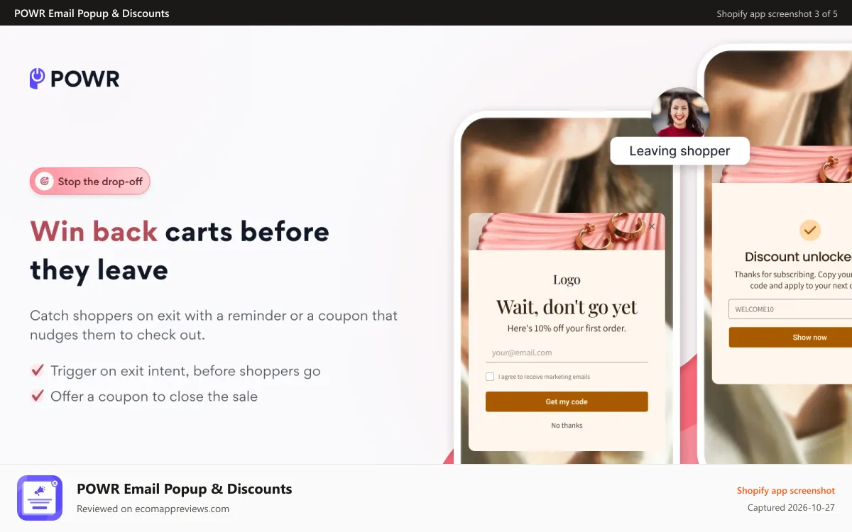 POWR Email Popup & Discounts Shopify app screenshot: Exit-intent popup re-engages visitors before they leave.