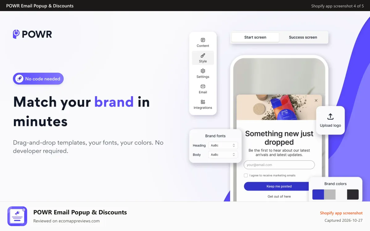 POWR Email Popup & Discounts Shopify app screenshot: Popup editor for matching fonts, colors, and branding.