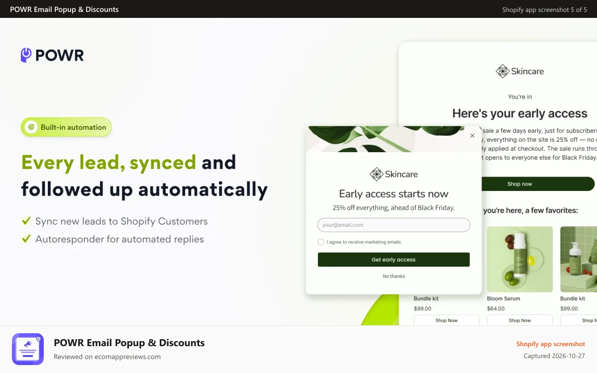 POWR Email Popup & Discounts Shopify app screenshot: Signups sync to Shopify Customers and trigger an autoresponder.