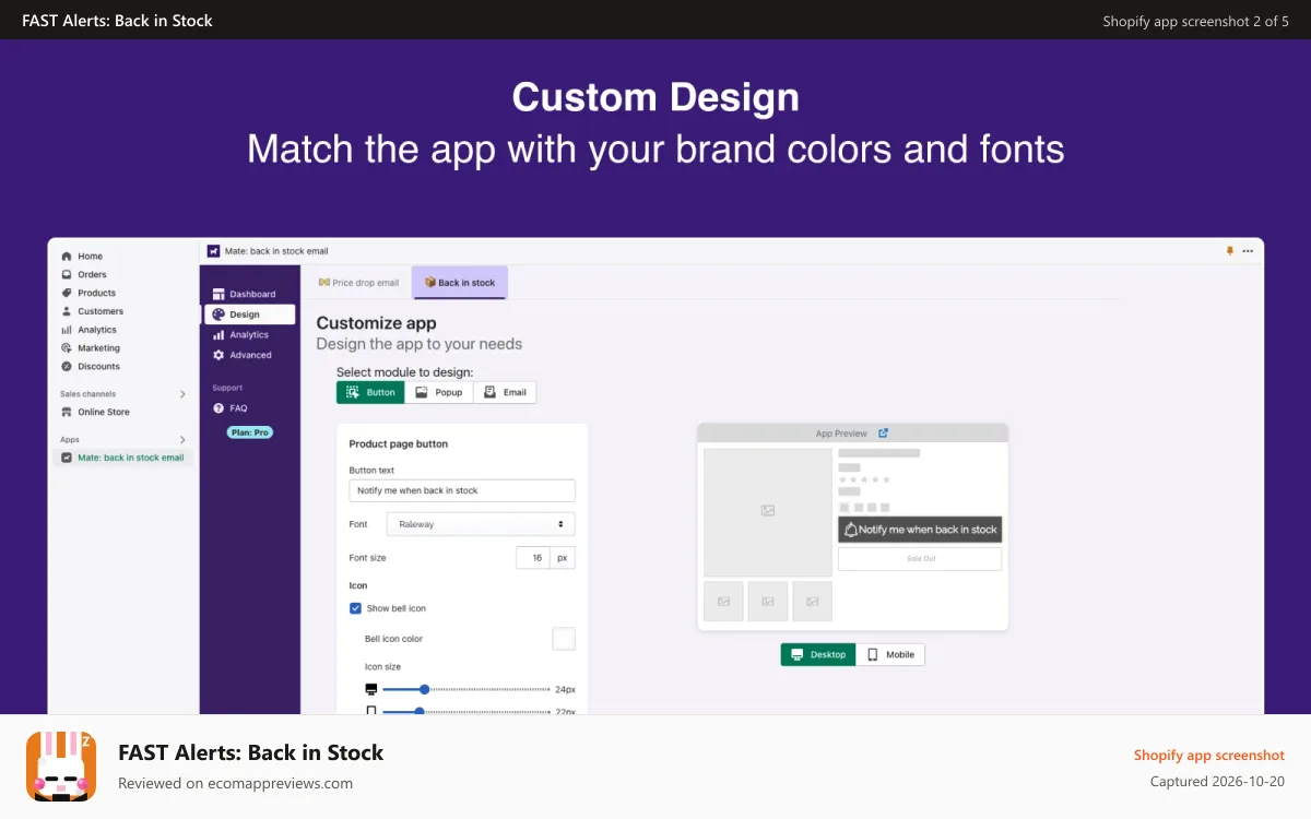 FAST Alerts: Back in Stock Shopify app screenshot: Admin Panel - Customize widget