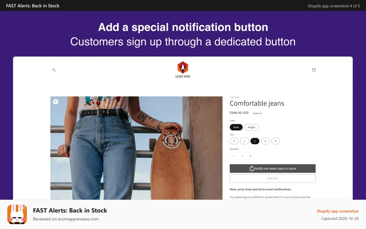 FAST Alerts: Back in Stock Shopify app screenshot: Storefront - Notify me button