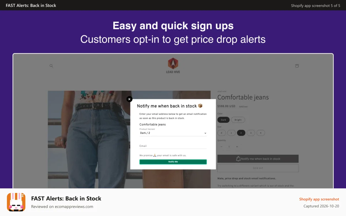 FAST Alerts: Back in Stock Shopify app screenshot: Storefront - Popup