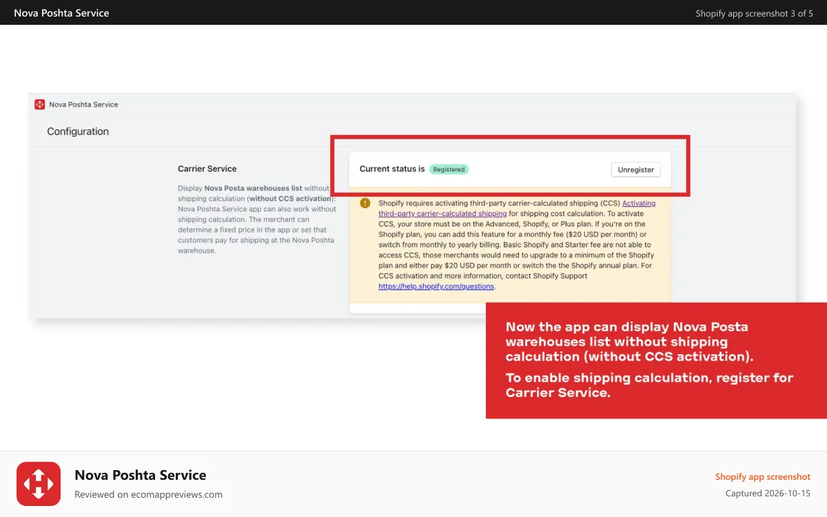 Nova Poshta Service Shopify app screenshot: Now the app can display NovaPoshta warehouses list without CCS