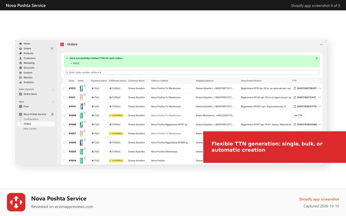 Nova Poshta Service Shopify app screenshot: Auto-generate TTNs (bulk or single), print labels, track order