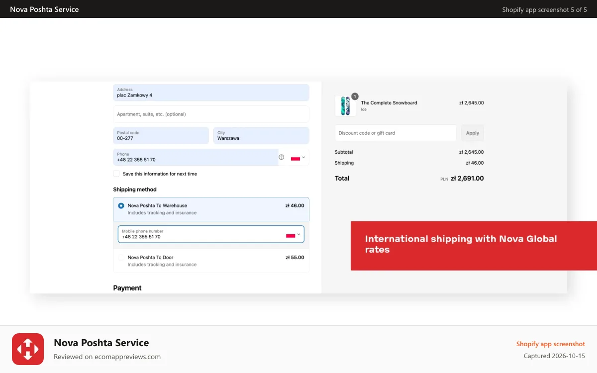 Nova Poshta Service Shopify app screenshot: Use Nova Global for international shipping