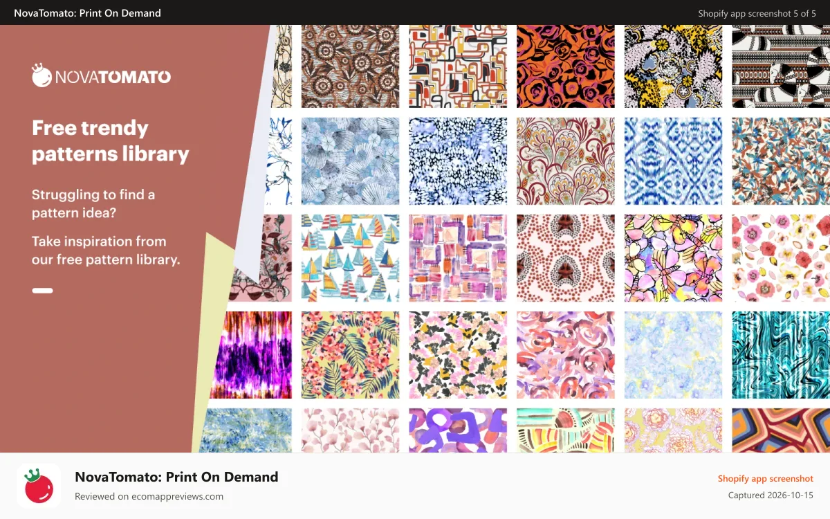 NovaTomato: Print On Demand Shopify app screenshot: Free trendy patterns library