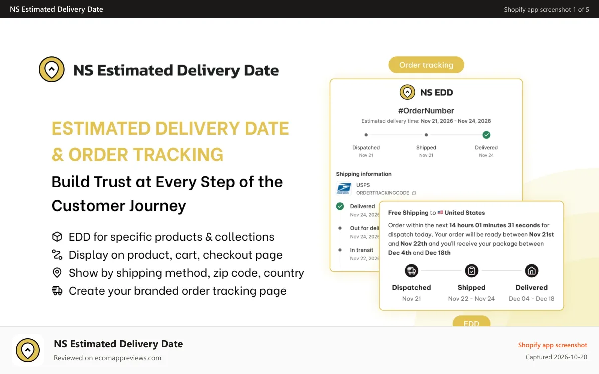 NS Estimated Delivery Date Shopify app screenshot: NestScale Estimated Delivery Date