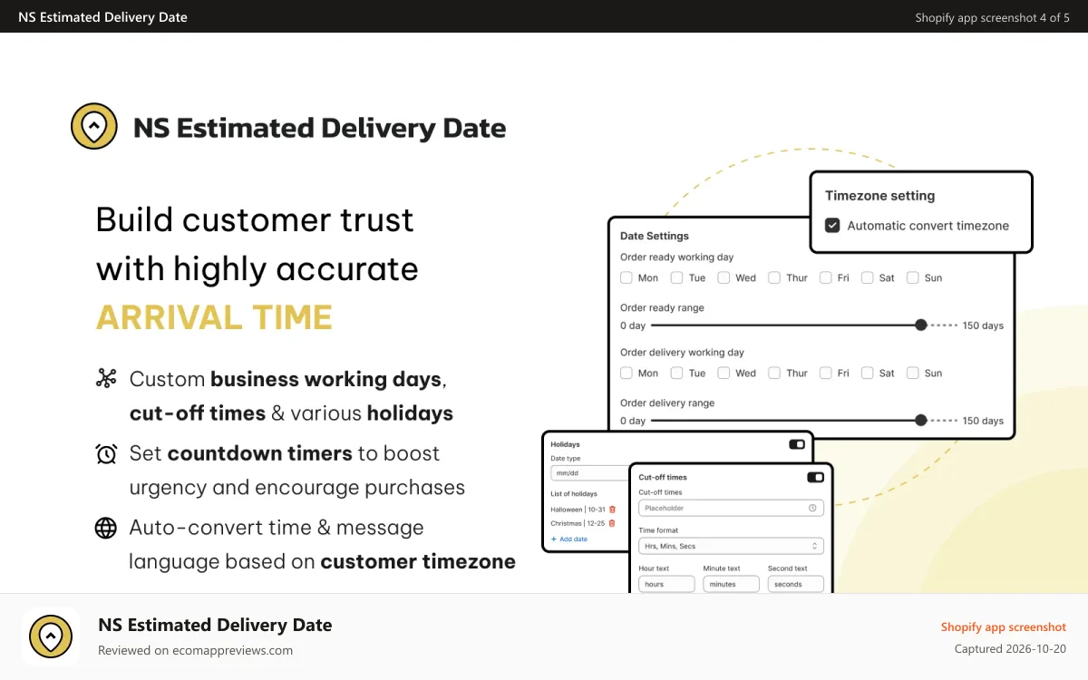 NS Estimated Delivery Date Shopify app screenshot: Set cut-off times, holiday & countdown timers for EDD