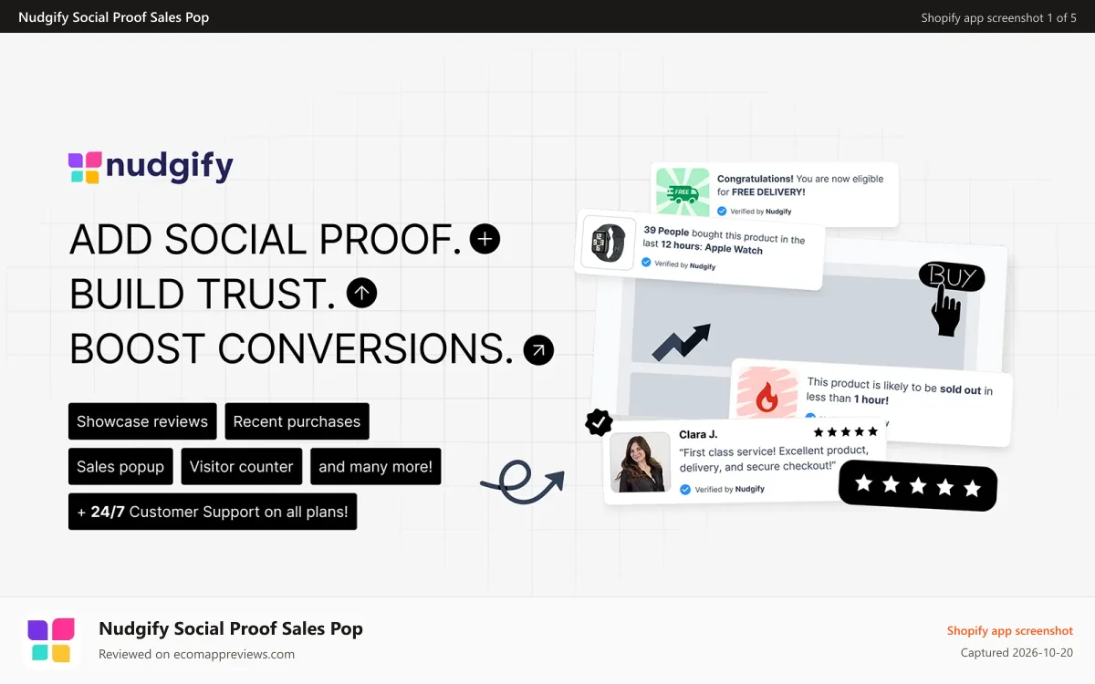 Nudgify Social Proof Sales Pop Shopify app screenshot: social proof app