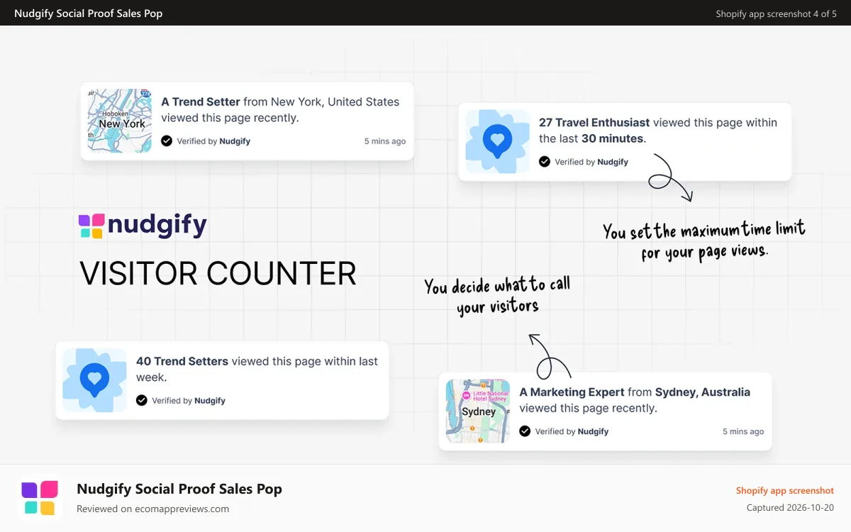 Nudgify Social Proof Sales Pop Shopify app screenshot: Sales Pop & Social Proof App - Settings