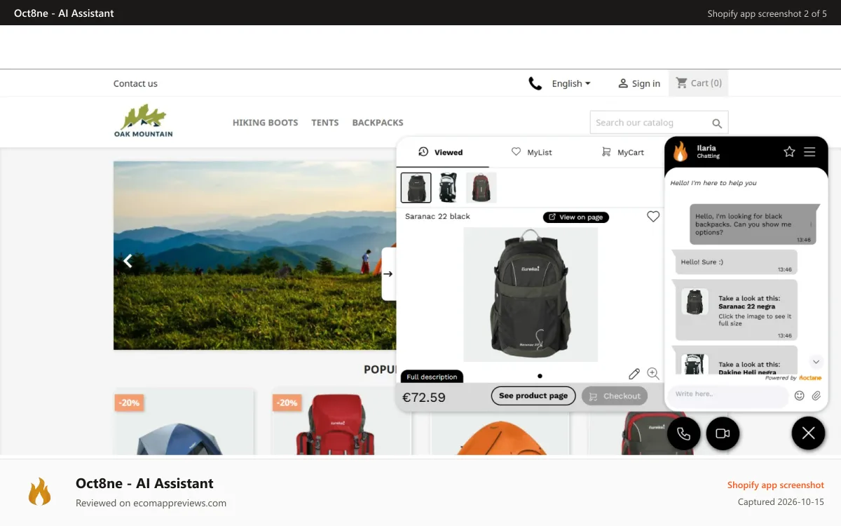 Oct8ne ‑ AI Assistant Shopify app screenshot: Webpage with visual livechat