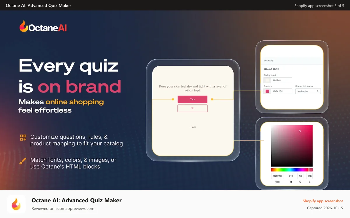 Octane AI: Advanced Quiz Maker Shopify app screenshot: Every Quiz is On Brand. Makes online shopping feel effort