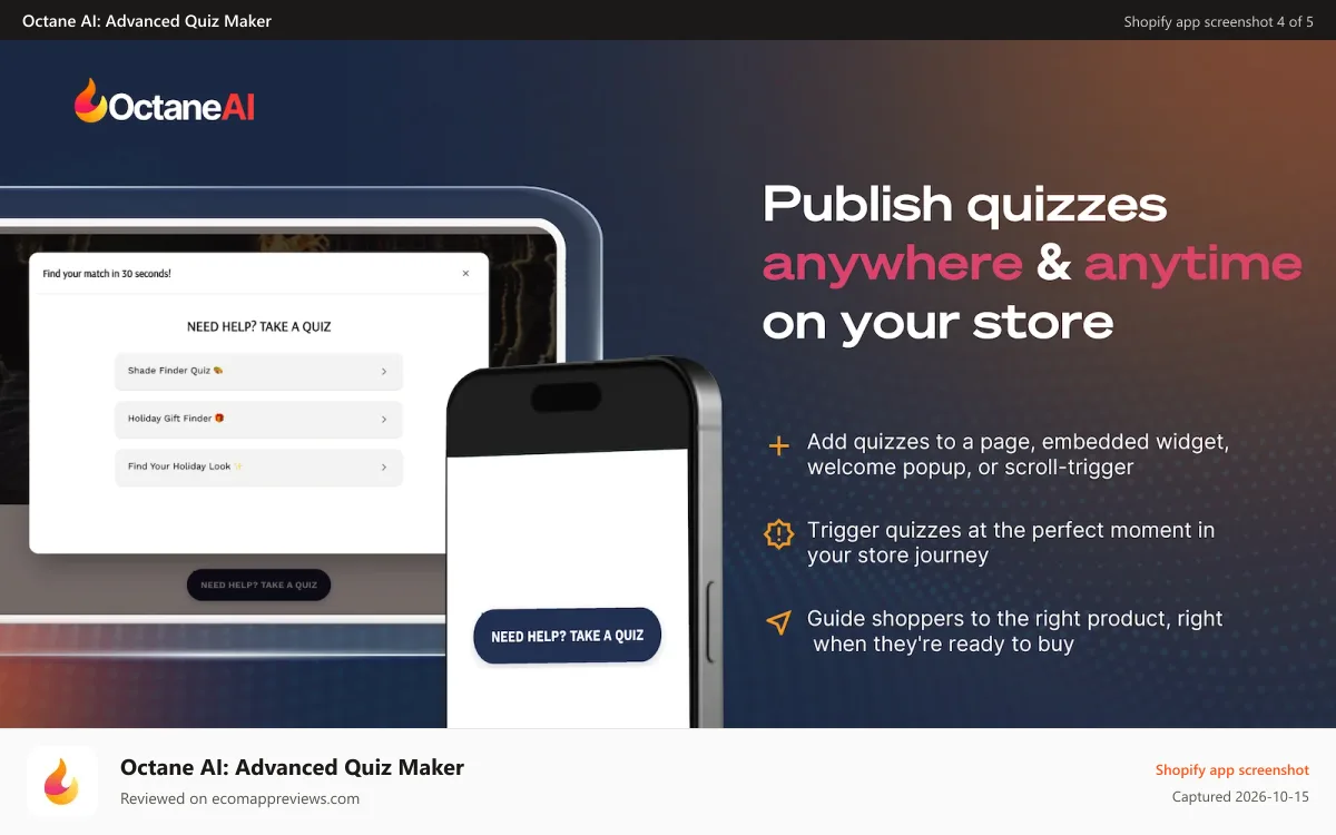 Octane AI: Advanced Quiz Maker Shopify app screenshot: Publish Quizzes Anywhere & Anytime on Your Store