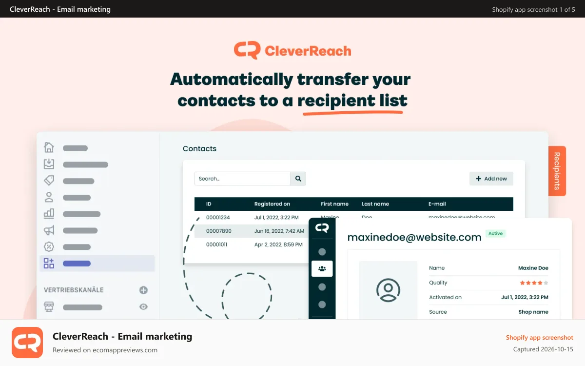 CleverReach ‑ Email marketing Shopify app screenshot: Automatically transfer your contacts to a recipient list