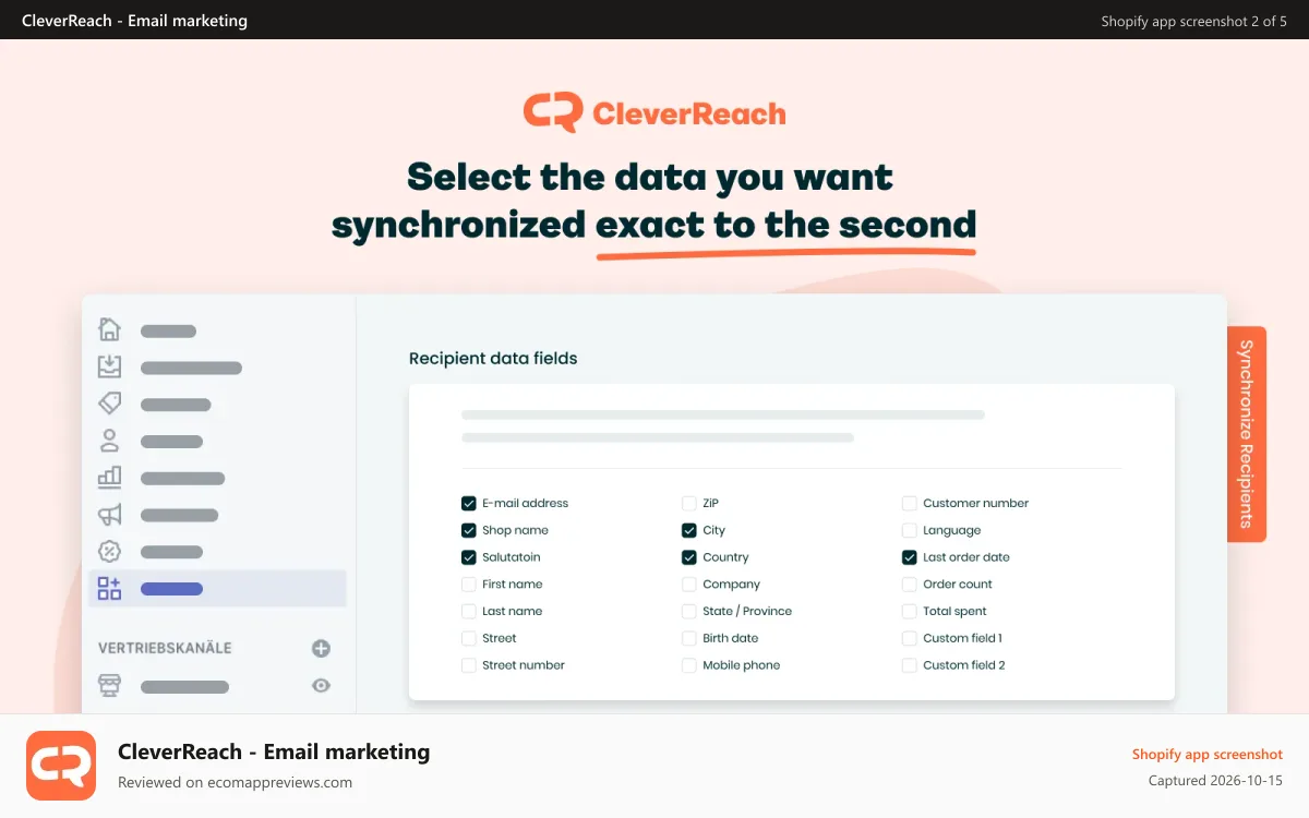 CleverReach ‑ Email marketing Shopify app screenshot: Select the data you want synchronized exact to the second