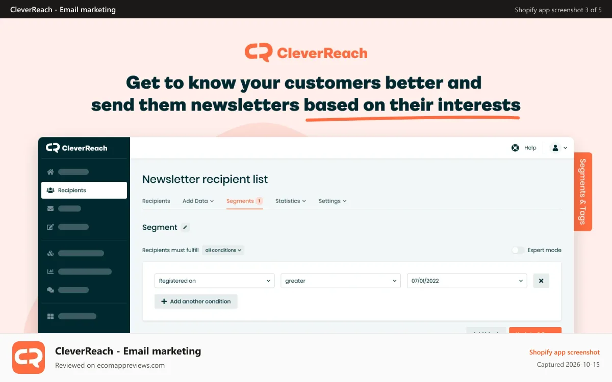 CleverReach ‑ Email marketing Shopify app screenshot: Send your customers newsletters based on their interests