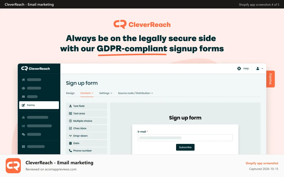 CleverReach ‑ Email marketing Shopify app screenshot: GDPR-compliant signup forms