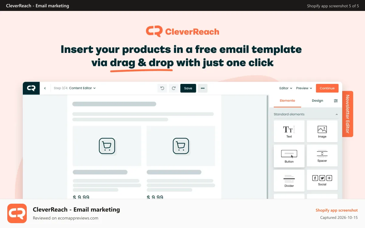 CleverReach ‑ Email marketing Shopify app screenshot: Insert your products in free email templates via drag & drop