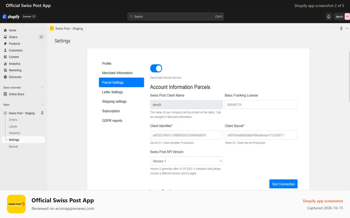 Official Swiss Post App Shopify app screenshot: Settings