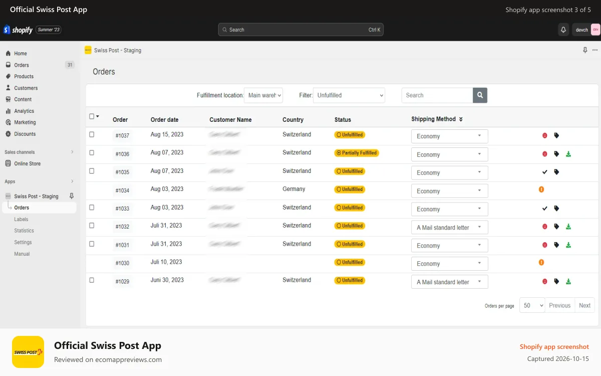 Official Swiss Post App Shopify app screenshot: Orders
