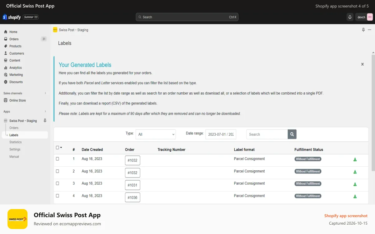 Official Swiss Post App Shopify app screenshot: Labels