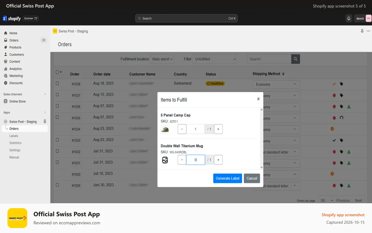 Official Swiss Post App Shopify app screenshot: Partial Fulfillments