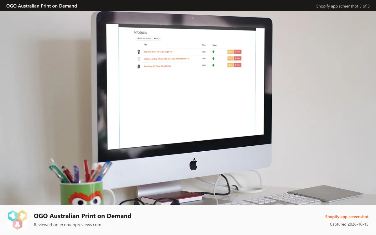OGO Australian Print on Demand Shopify app screenshot: OGO manages and publishes your products on auto!