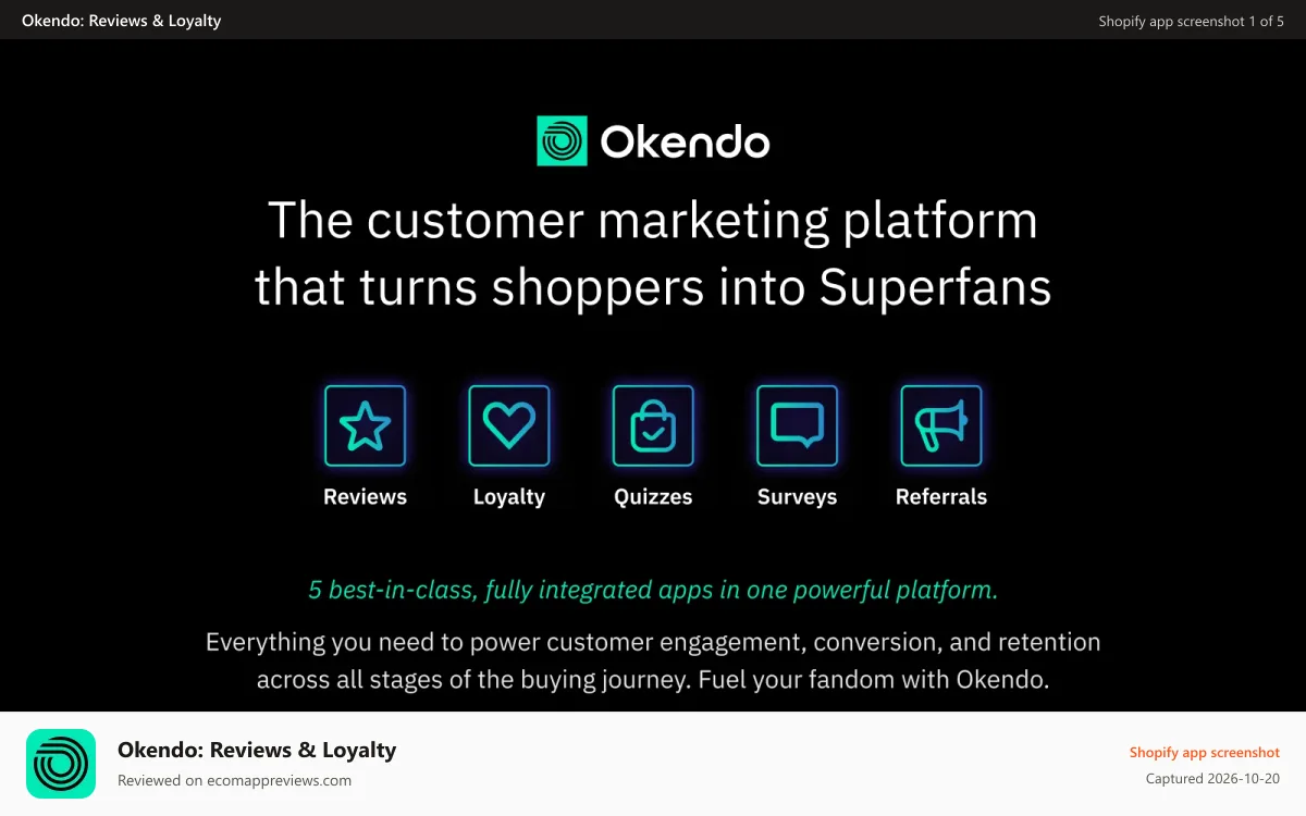 Okendo: Reviews & Loyalty Shopify app screenshot: Okendo marketing platform. Shopify reviews and loyalty app.