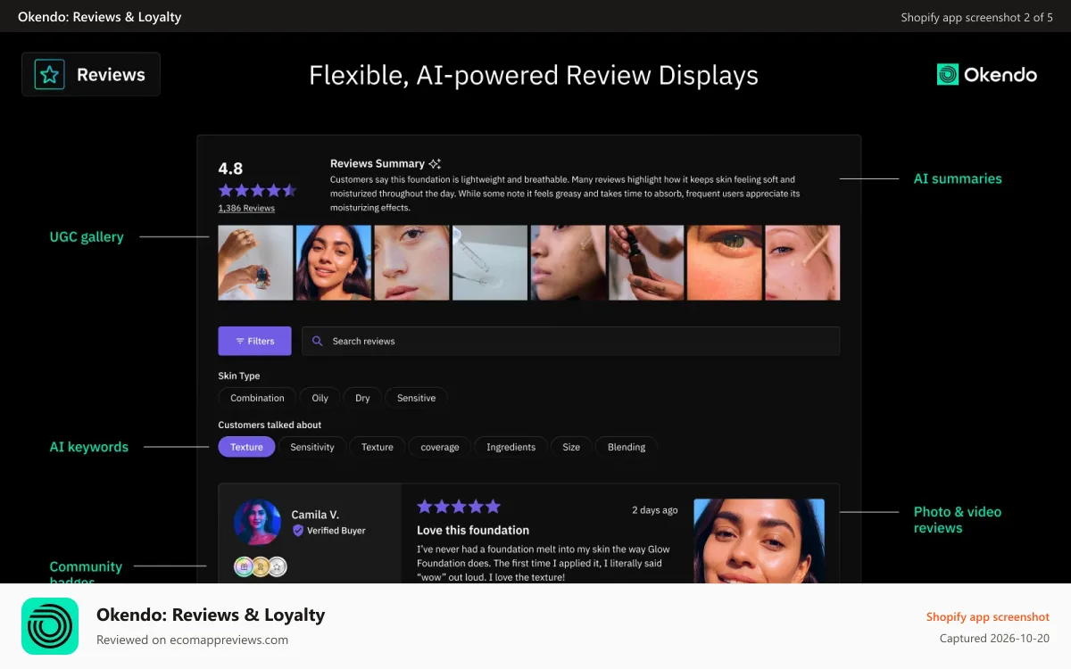 Okendo: Reviews & Loyalty Shopify app screenshot: Shopify reviews app with ai-powered features