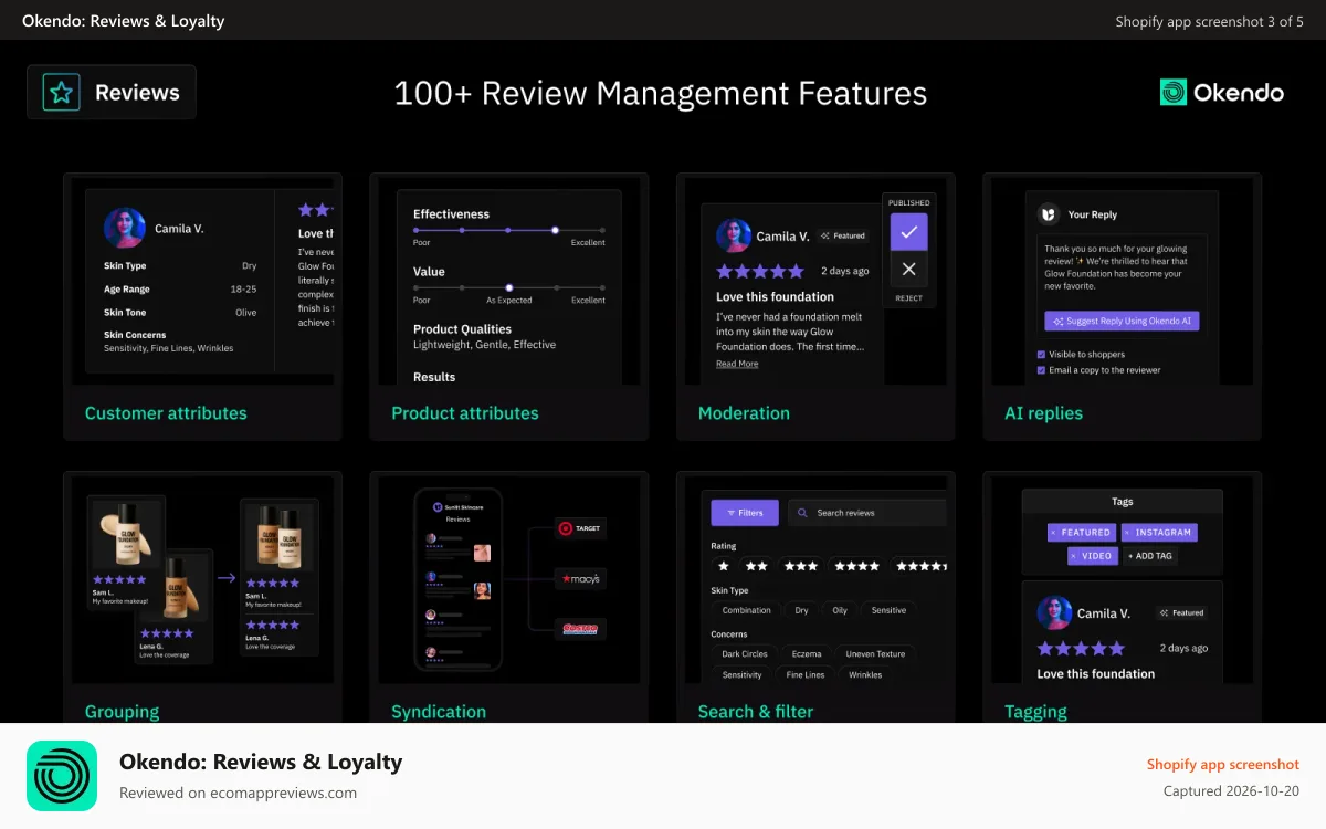 Okendo: Reviews & Loyalty Shopify app screenshot: Shopify reviews app with AI replies, grouping and tagging