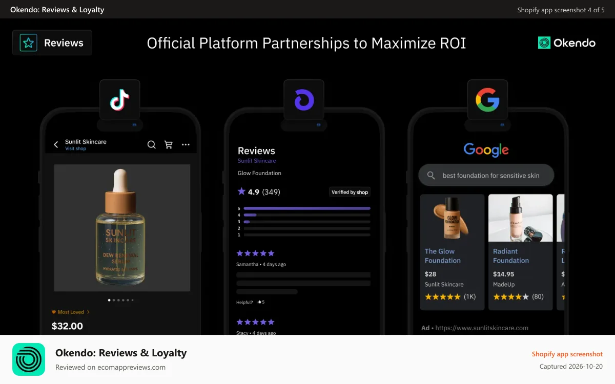 Okendo: Reviews & Loyalty Shopify app screenshot: Shopify review app with TikTok, Google, Shop integration