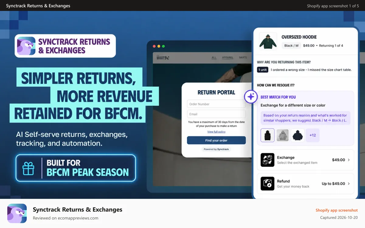 Synctrack Returns & Exchanges Shopify app screenshot: Synctrack branded return portal for Shopify fashion stores
