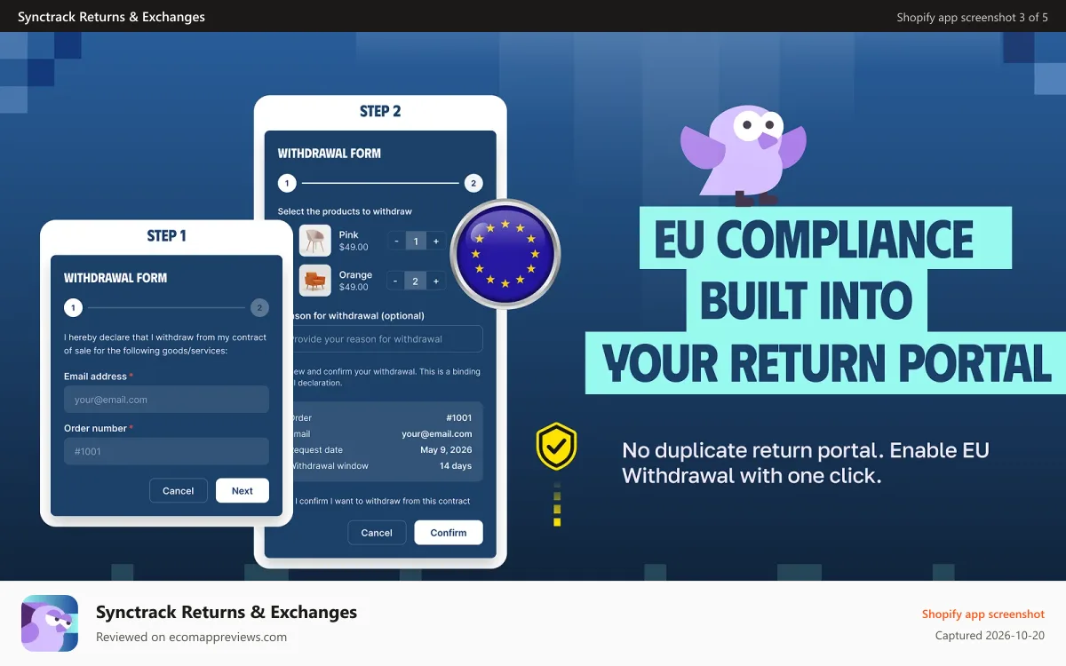 Synctrack Returns & Exchanges Shopify app screenshot: EU Withdrawal form for EU customers