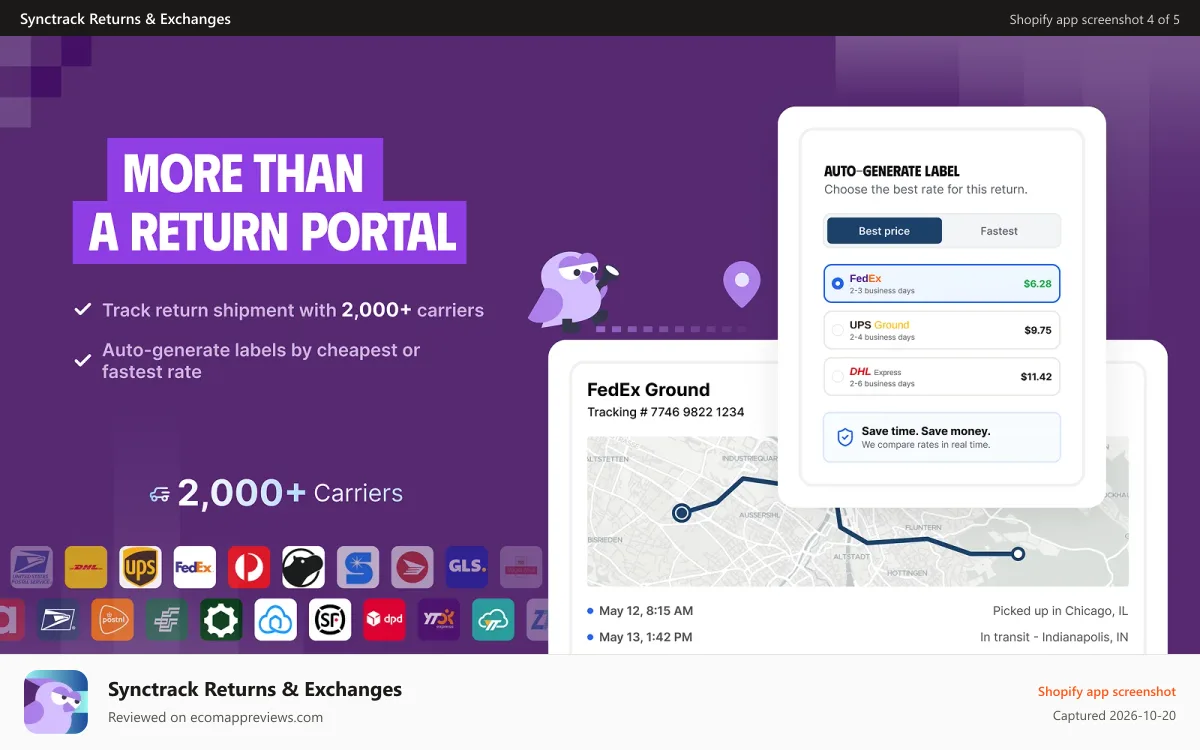 Synctrack Returns & Exchanges Shopify app screenshot: Synctrack return shipping, return tracking and label generation