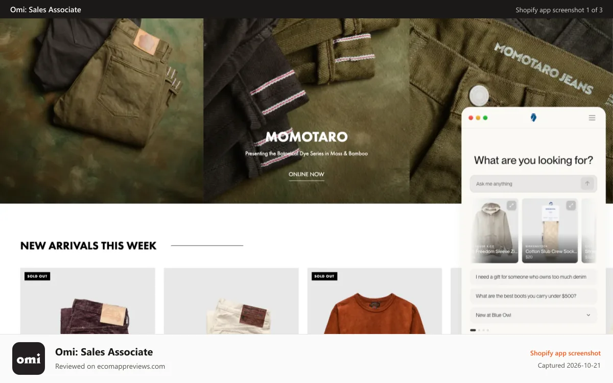 Omi: Sales Associate Shopify app screenshot: Recommends products from your catalog and suggests pairings as s