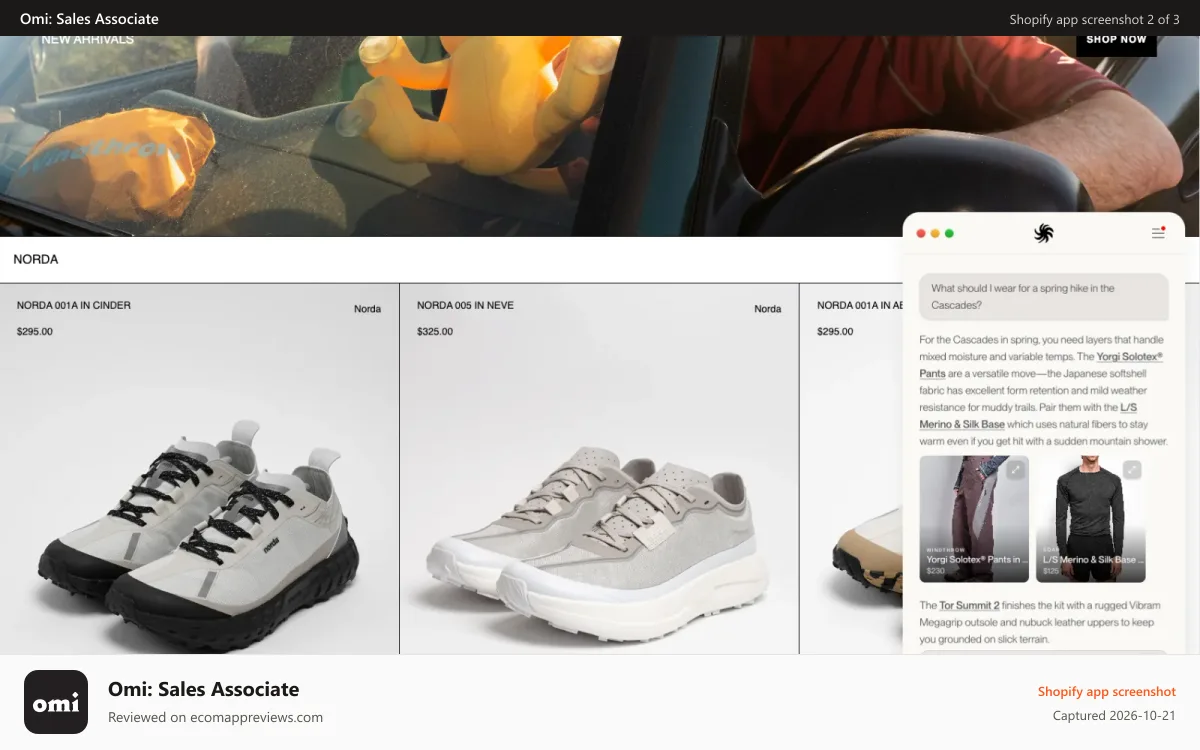 Omi: Sales Associate Shopify app screenshot: Engages shoppers in natural conversation, the way in-store staff