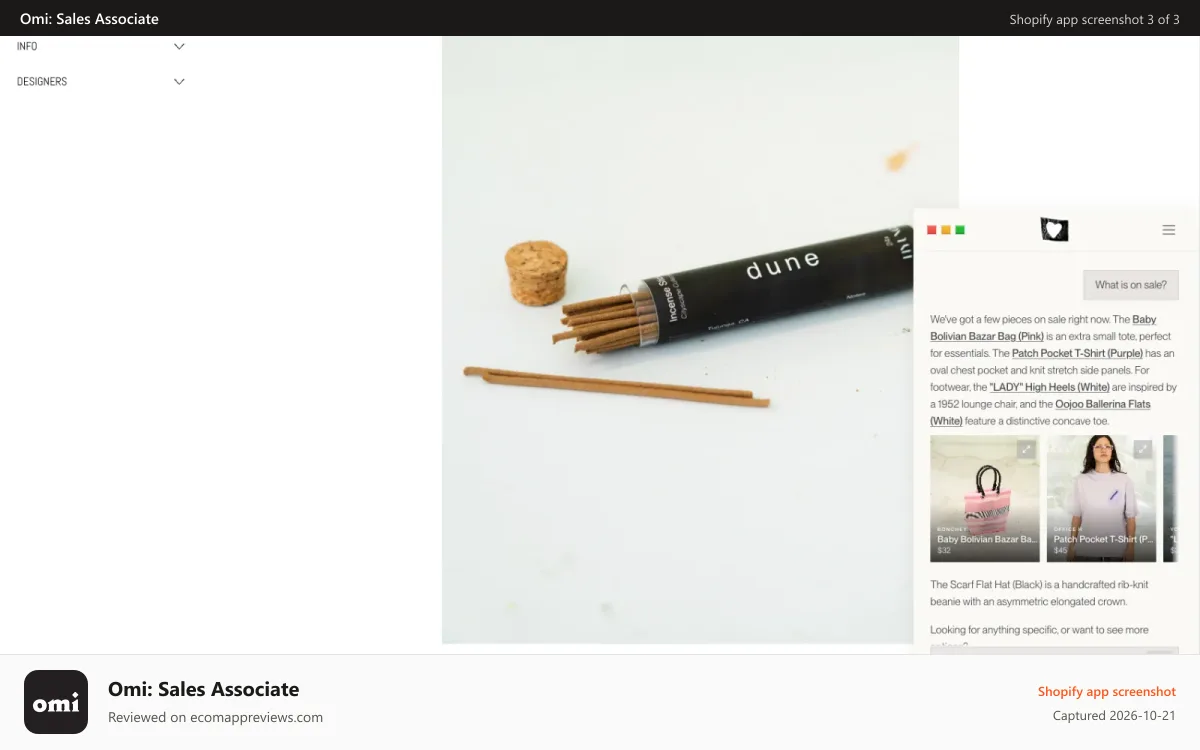 Omi: Sales Associate Shopify app screenshot: Surfaces sale items and recommends alternatives when products go