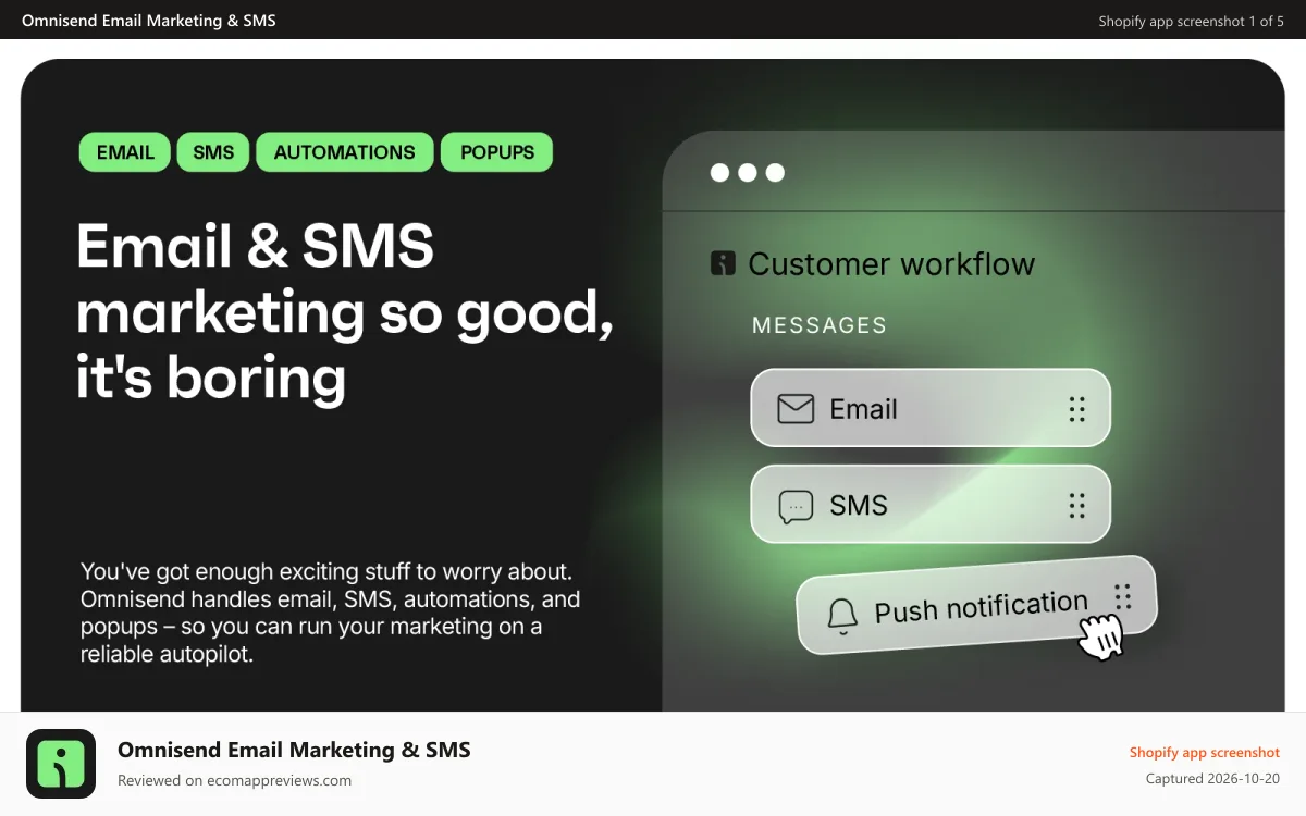 Omnisend Email Marketing & SMS Shopify app screenshot: Email Marketing & SMS with automations & popups in one app