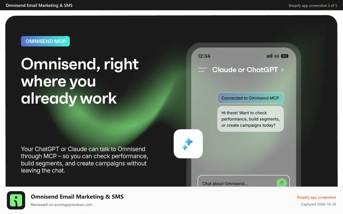 Omnisend Email Marketing & SMS Shopify app screenshot: Email Marketing & SMS in Omnisend via ChatGPT or Claude MCP