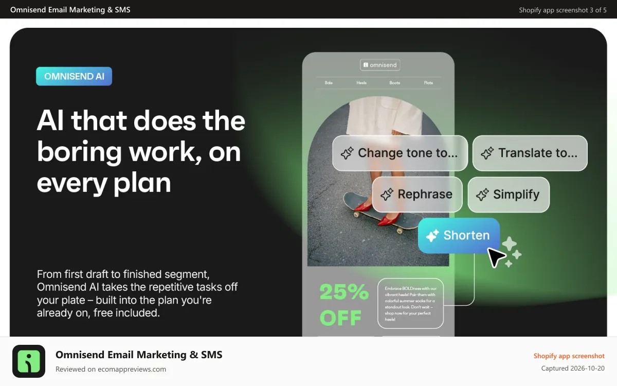Omnisend Email Marketing & SMS Shopify app screenshot: Email Marketing AI: rephrase, translate, shorten & write copy